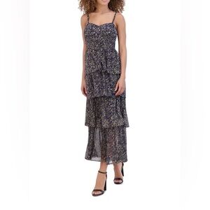 Siena Blue and Gold Women’s Lurex Tiered-Skirt Sweetheart Dress